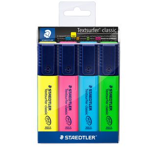 STAEDTLER Evidenziatore Textsurfer® classic, Punta a scalpello, Tratto 1 - 5 mm, Colori Assortiti (confezione 4 pezzi)