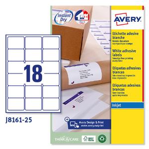 Etichetta adesiva J8161 bianca 25fg A4 63,5x46,6 (18et/fg) inkjet Avery