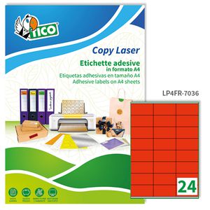 Etichetta adesiva LP4F rosso fluo 70fg A4 70x36mm (24et/fg) Tico Etichetta adesiva LP4F rosso fluo 70fg A4 70x36mm (24et/fg) Tico