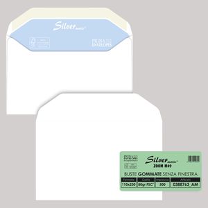 500 buste SILVER MATIC 80 FSCÂ® gommata bianca s/finestra 110x230mm 80gr Pigna En